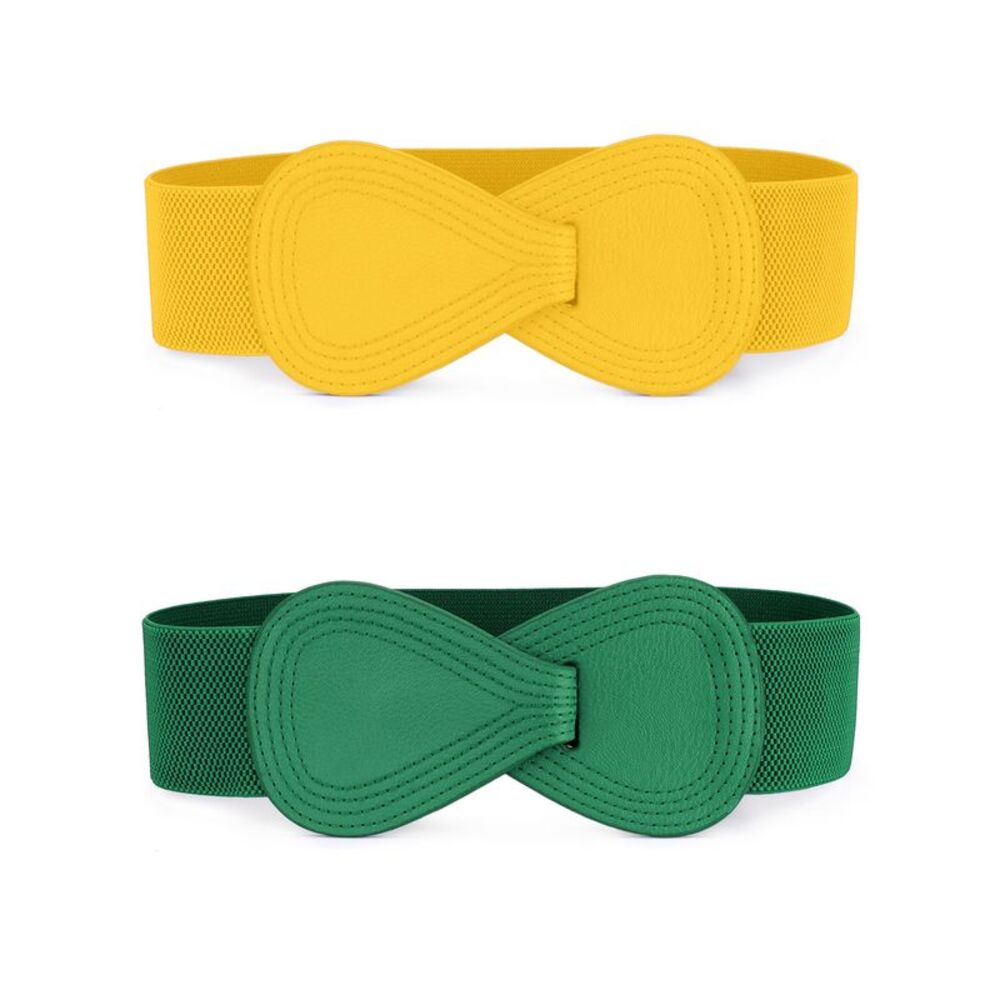 2pcs Plus Size Elastic Waist Belt Interlock 8-shaped Faux Leather Buckle Belts